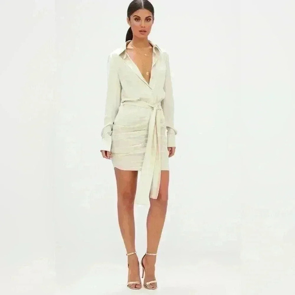 PrettyLittleThing Dresses & Skirts - NWT | PrettyLittleThing Champagne Satin Ruched Shirt Dress | Women’s Size US 6